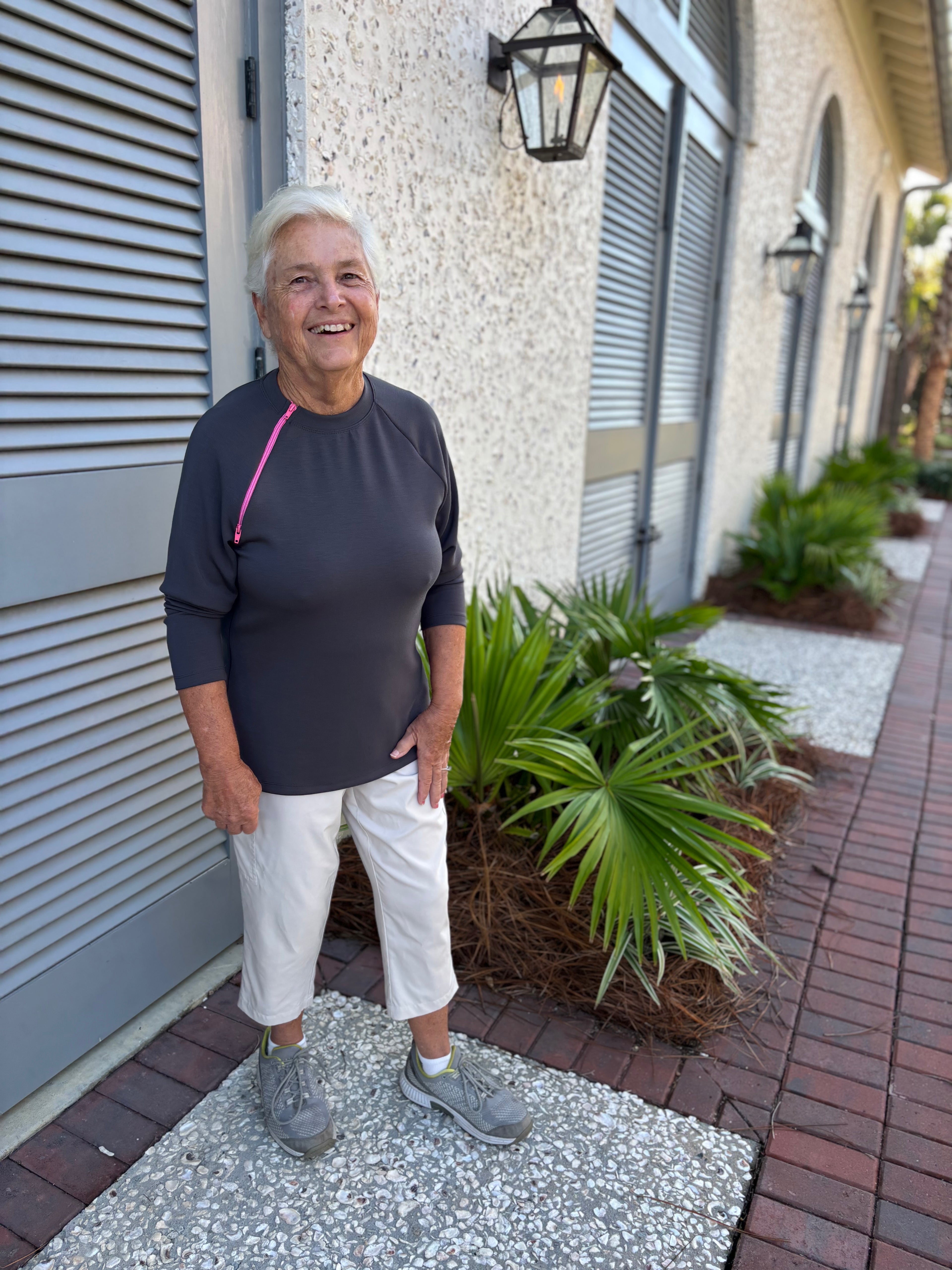 long sleeve pop of pink zipper chest access shirt