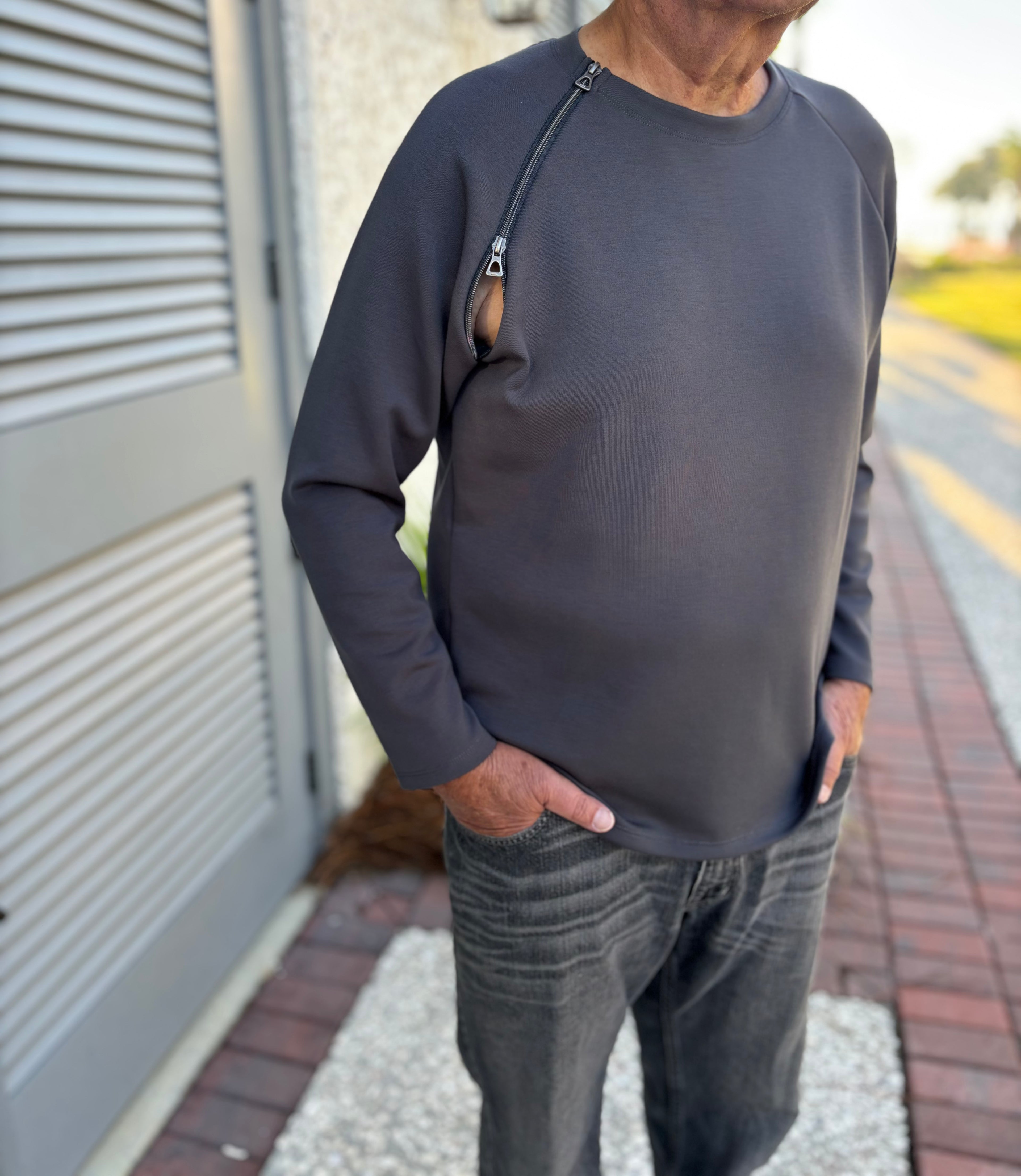 long sleeve gunmetal zipper chest access shirt