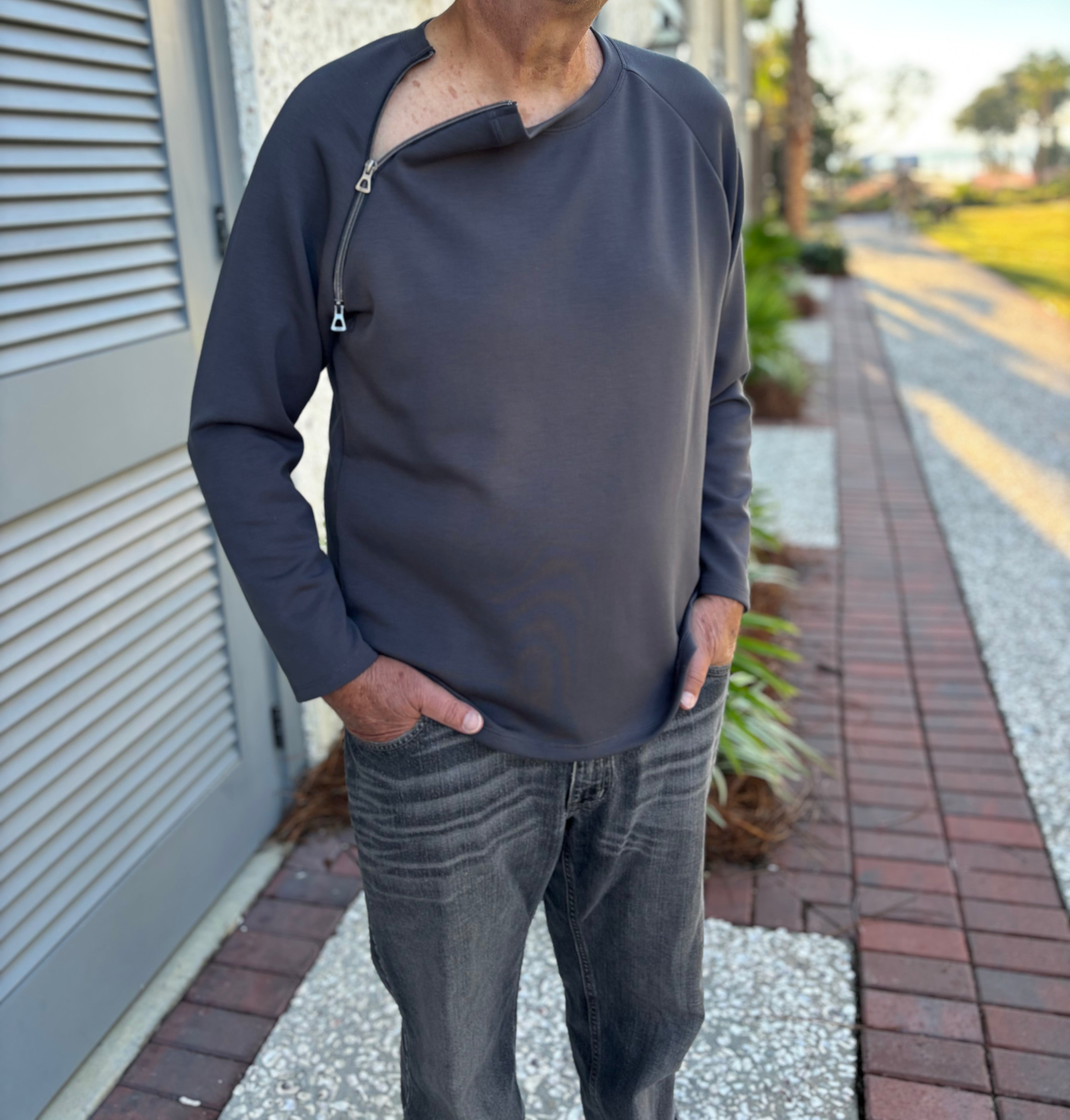 long sleeve gunmetal zipper chest access shirt