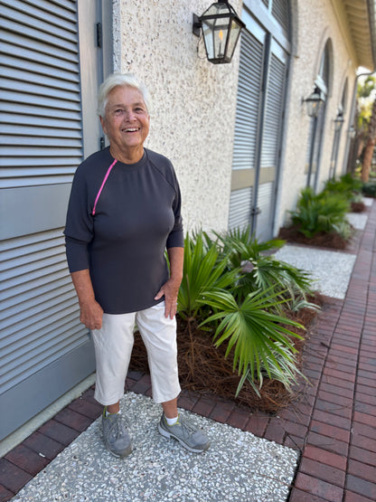 long sleeve pop of pink zipper chest access shirt