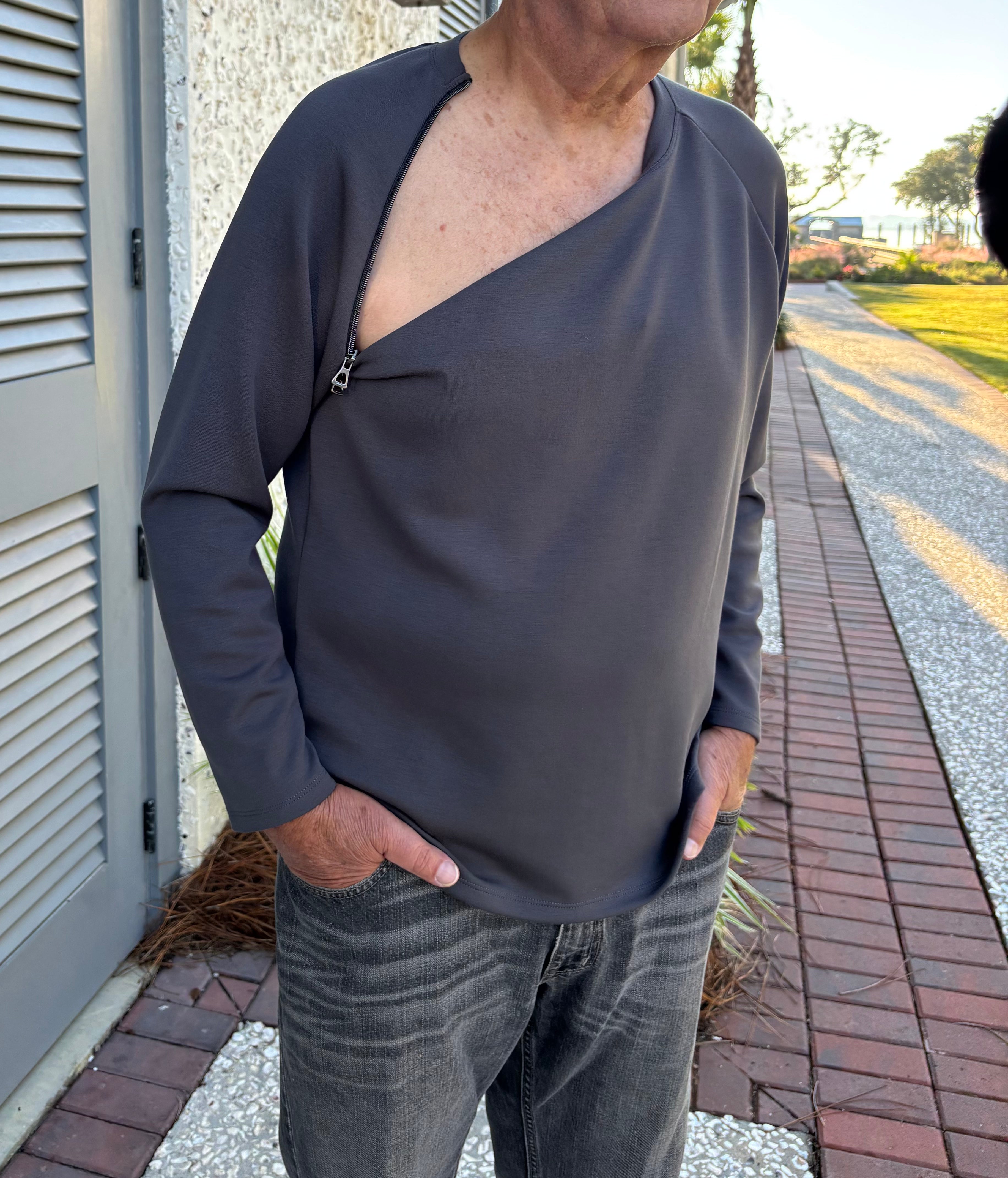 long sleeve gunmetal zipper chest access shirt